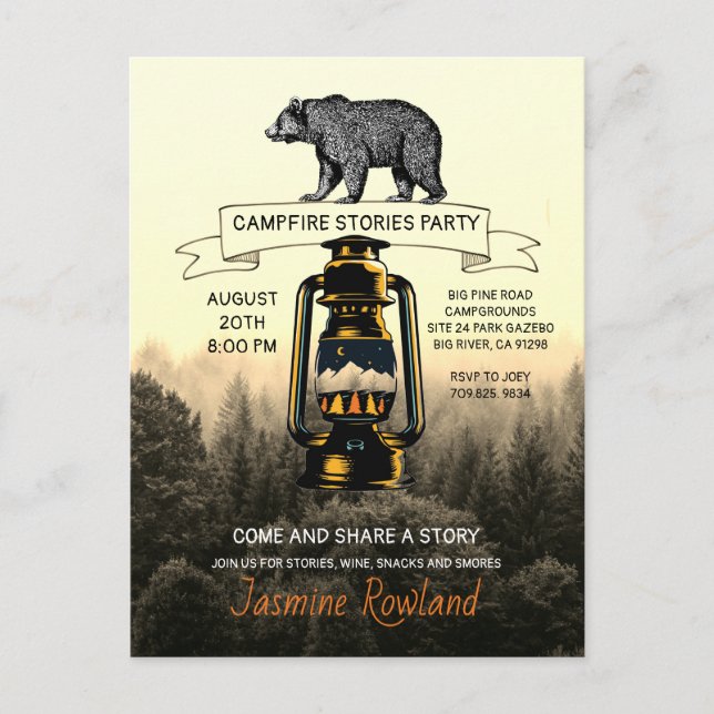 Rustikale Waldbärenbären Campfire-Party Einladunge Postkarte (Vorderseite)