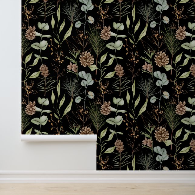 Rustikale Wälder und Pinecones auf Schwarz Tapete (Anwendung)