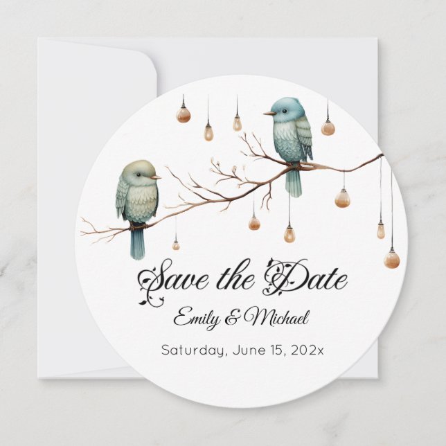 Rustikale Waldlandliebe Vögel Feier Save The Date (Vorderseite)