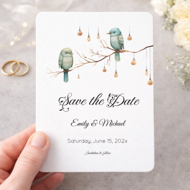 Rustikale Waldliebesvögel Hochzeit Save the Date (Von Creator hochgeladen)