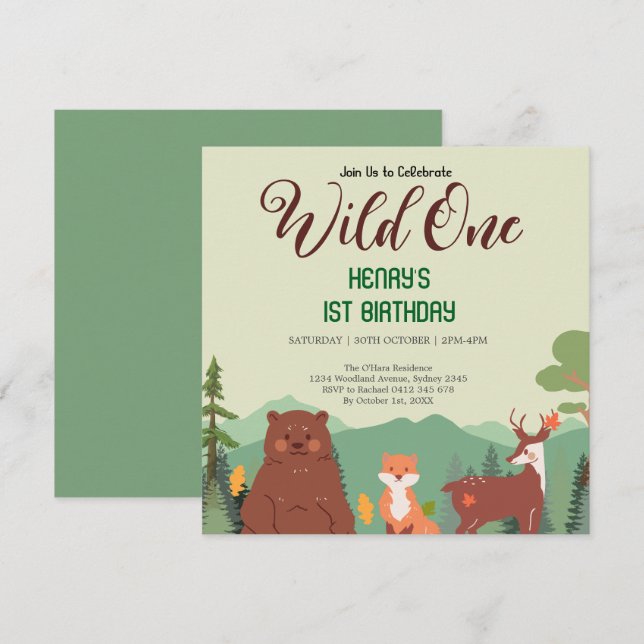 Rustikale Waldtiere Wildtiere einen Geburtstag Einladung (Vorne/Hinten)