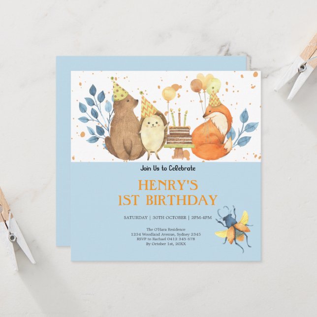 Rustikale Waldtiere Wildtiere einen Geburtstag Einladung (Vorderseite/Rückseite Beispiel)
