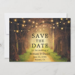Rustikale Waldweg-Hochzeitslichterkette Save The Date