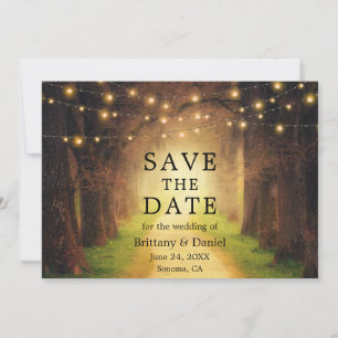 Rustikale Waldweg-Hochzeitslichterkette Save The Date