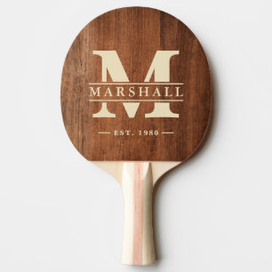 Rustikale Walnuss-Holz-Monogramm- und Namensauflag Tischtennis Schläger