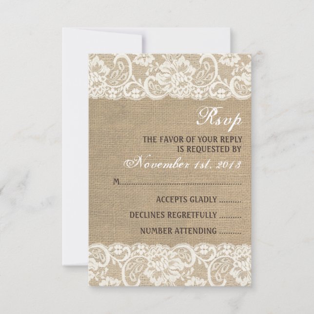 Rustikale WARM Burlap Wedding RSVP Card Karte (Vorderseite)