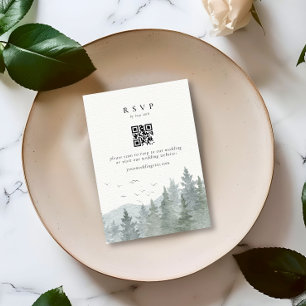 Rustikale Wasserfarbe Berg Baum Hochzeit QR-Code RSVP Karte
