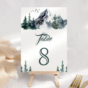 Rustikale Wasserfarbe Bergwald Winterhochzeit Tischnummer