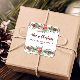 Rustikale Wasserfarbe Botanische Frohe Weihnachten Quadratischer Aufkleber