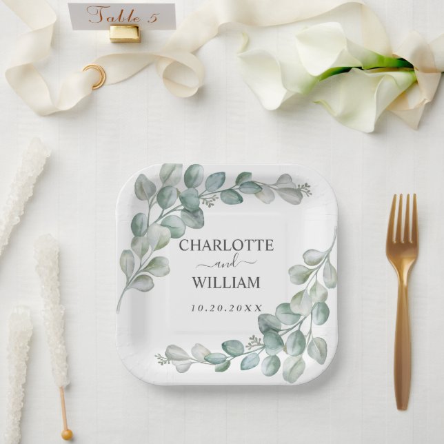 Rustikale Wasserfarbe Eukalyptus-Grünzeug-Hochzeit Pappteller (Hochzeit)