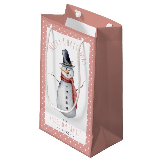 Rustikale Wasserfarbe Frohe Weihnachtsschneemannsf Kleine Geschenktüte (Vorderseite Schrägansicht)