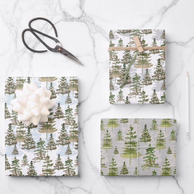 Rustikale Wasserfarbe Grün Pine Tree Weihnachten Geschenkpapier Set (Vorderseite)