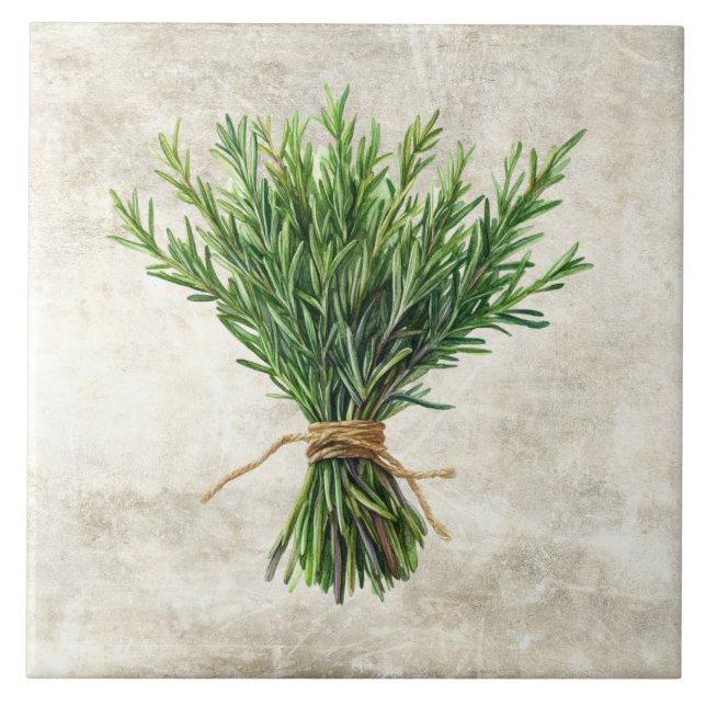 Rustikale Wasserfarbe Kräuter Rosmarin Fliese (Vorderseite)