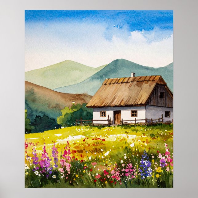 Rustikale Wasserfarbe Land Hütte in Wildblumen Poster (Vorne)