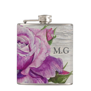 Rustikale Wasserfarbe Lila Rose Holzmonogramm Flachmann