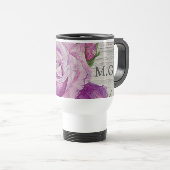 Rustikale Wasserfarbe Lila Rose Holzmonogramm Reisebecher (VorderseiteRechts)