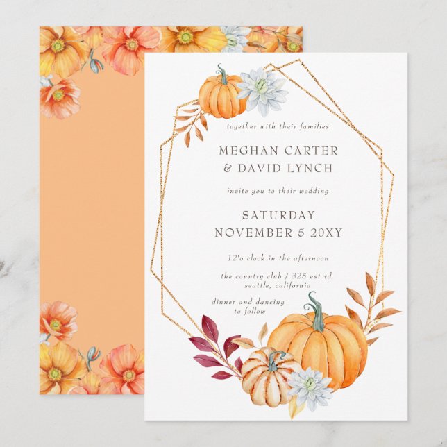 Rustikale Wasserfarbe Orange Pumpkins Hochzeit im  Einladung (Vorne/Hinten)