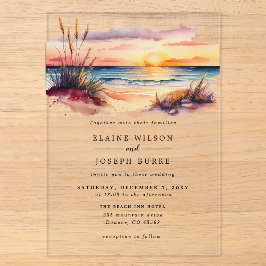 Rustikale Wasserfarbe Sunset Beach Seascape Hochze Acryleinladungen