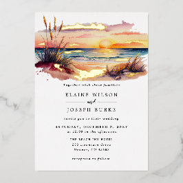 Rustikale Wasserfarbe Sunset Beach Seascape Hochze Folieneinladung