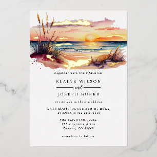 Rustikale Wasserfarbe Sunset Beach Seascape Hochze Folieneinladung