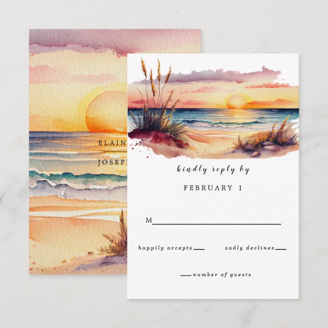Rustikale Wasserfarbe Sunset Beach Seascape Hochze RSVP Karte (Vorne/Hinten)