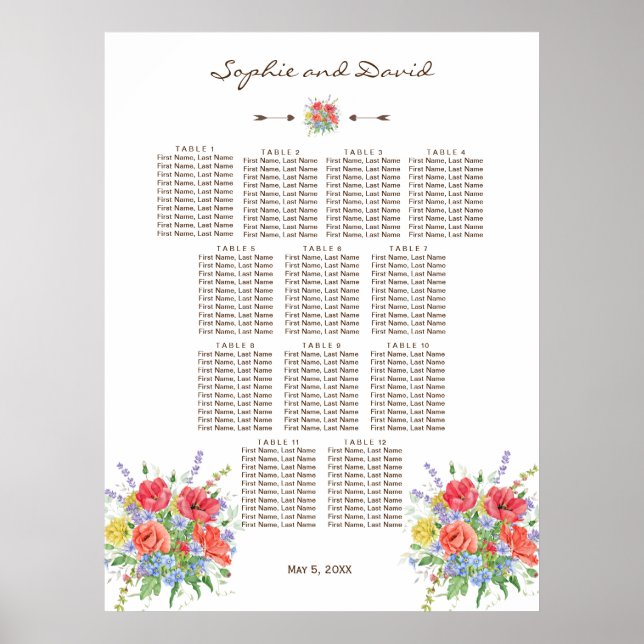 Rustikale Wasserfarbe Wilde Blume Sitzplan 120 Poster (Vorne)