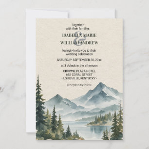 Rustikale Wasserfarben Berge Kiefern Hochzeit Einladung