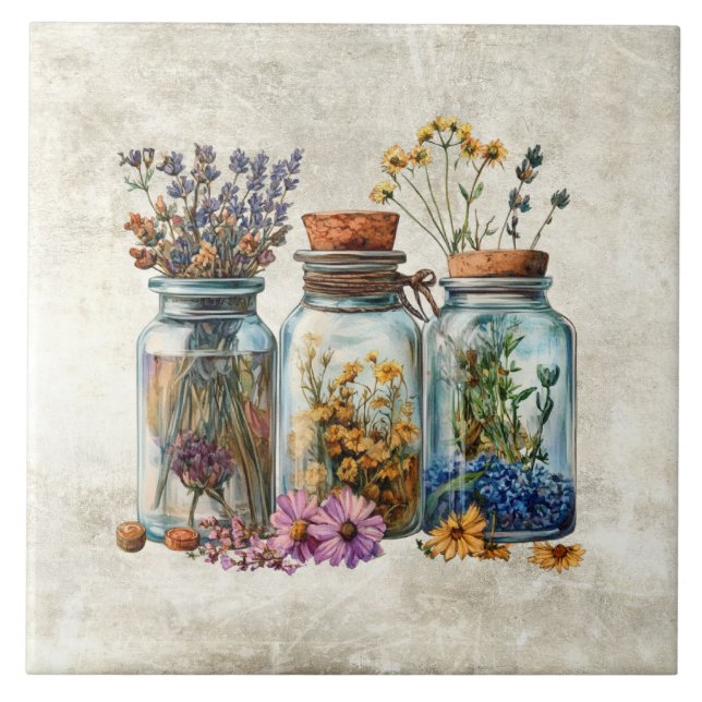 Rustikale Wasserfarben-Blumen in Gläsern  Fliese (Vorderseite)