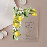Rustikale Wasserfarben Lemons 60. Geburtstag Acryleinladungen<br><div class="desc">Diese schöne mediterrane Akryla 60. Geburtstagsfeier lädt zu rustikalem Charme ein. Es zeichnet sich durch eine Kaskadenanordnung von frischen Aquarelllemonen in Zitrusgelb und Grün mit weißen Blüten aus. Es ist eine schöne Wahl für Geburtstagsfeiern jeden Alters und hat ein helles und fröhliches Farbschema, das Freude und Freude hervorruft. Personalisieren Sie...</div>