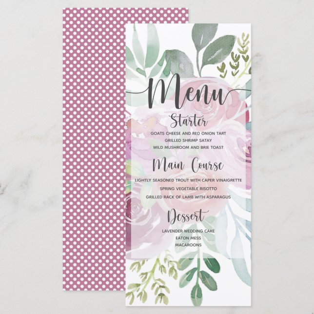 Rustikale Wasserfarben Rose & Burgund Hochzeit Menükarte (Vorne/Hinten)