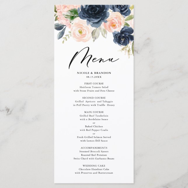 Rustikale Wasserfarbenblüte und Hochzeit von Navy- Menükarte (Vorderseite)