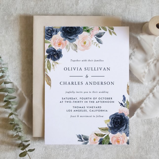 Rustikale Wasserfarbenblüte und Hochzeiten von Blu Einladung (Rustic Watercolor Blush and Navy Flowers Wedding Invitation)