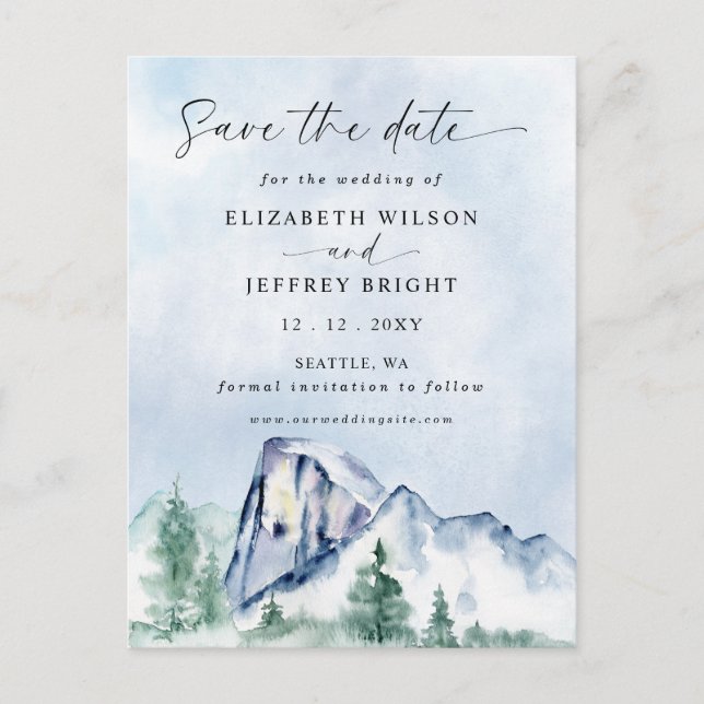 Rustikale Wasserfarbengebirge Pine Save the Date Postkarte (Vorderseite)