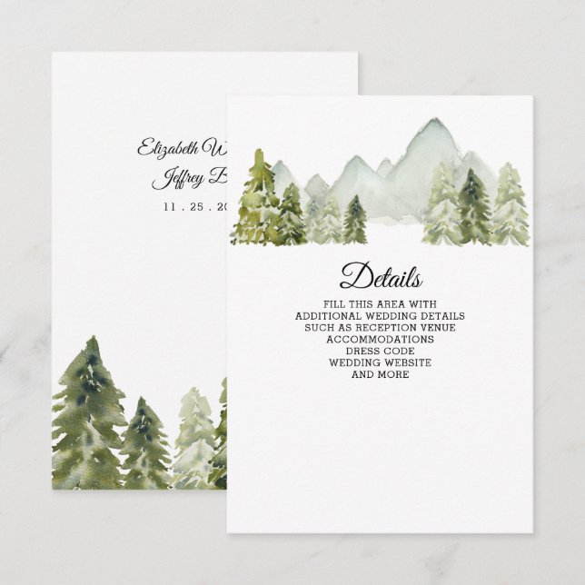 Rustikale Wasserfarbengebirge Pine Winter Wedding Begleitkarte (Vorne/Hinten)