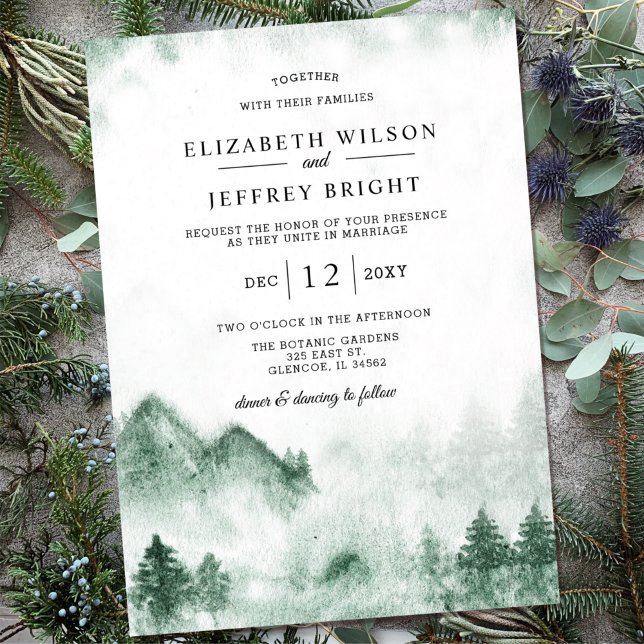 Rustikale Wasserfarbengebirge Pine Winter Wedding Einladung (Von Creator hochgeladen)