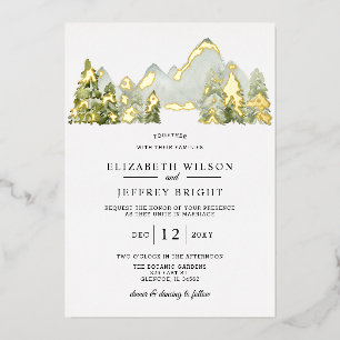 Rustikale Wasserfarbengebirge Pine Winter Wedding Folieneinladung