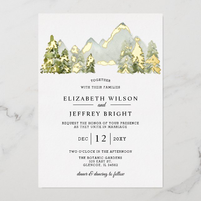 Rustikale Wasserfarbengebirge Pine Winter Wedding Folieneinladung (Vorderseite)