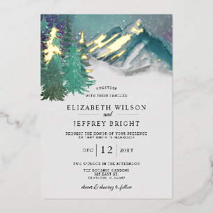Rustikale Wasserfarbengebirge Pine Winter Wedding Folieneinladung