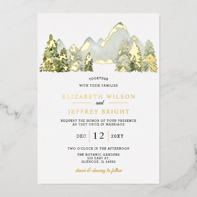 Rustikale Wasserfarbengebirge Pine Winter Wedding Folieneinladung (Vorderseite)