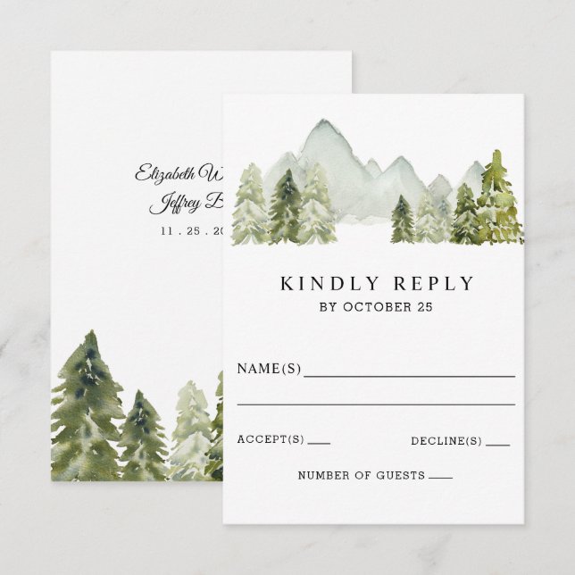 Rustikale Wasserfarbengebirge Pine Winter Wedding RSVP Karte (Vorne/Hinten)