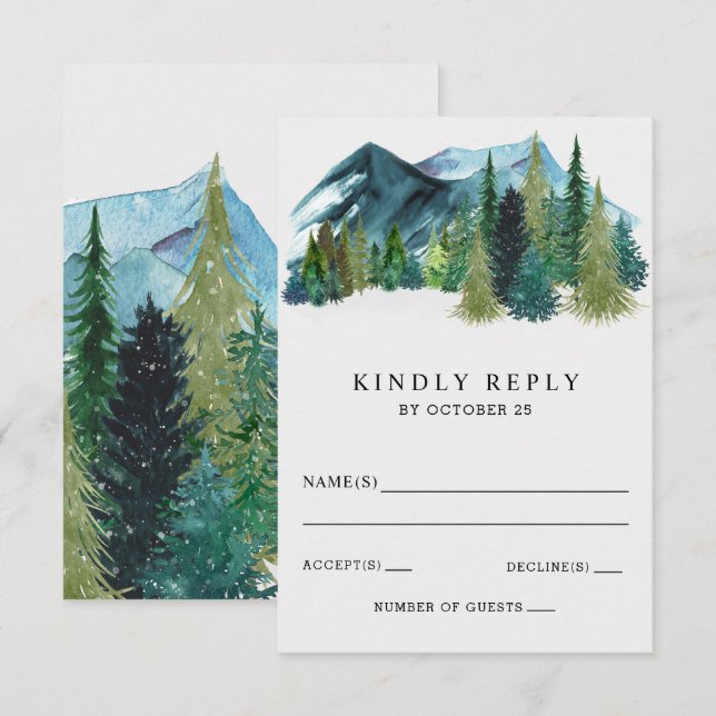Rustikale Wasserfarbengebirge Pine Winter Wedding RSVP Karte (Vorne/Hinten)