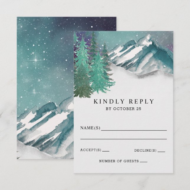 Rustikale Wasserfarbengebirge Pine Winter Wedding RSVP Karte (Vorne/Hinten)