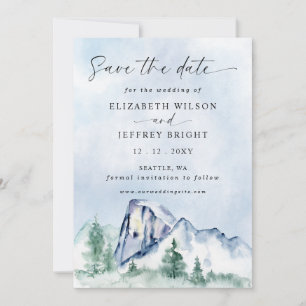 Rustikale Wasserfarbengebirge Pine Winter Wedding Save The Date