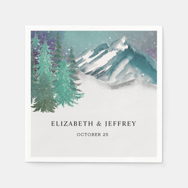 Rustikale Wasserfarbengebirge Pine Winter Wedding Serviette (Vorderseite)