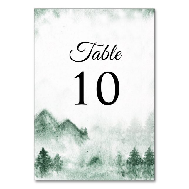 Rustikale Wasserfarbengebirge Pine Winter Wedding Tischnummer (Vorderseite)