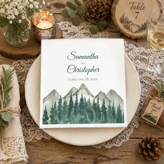 Rustikale Wasserfarbengebirge und Pinienhochzeit Serviette (Von Creator hochgeladen)