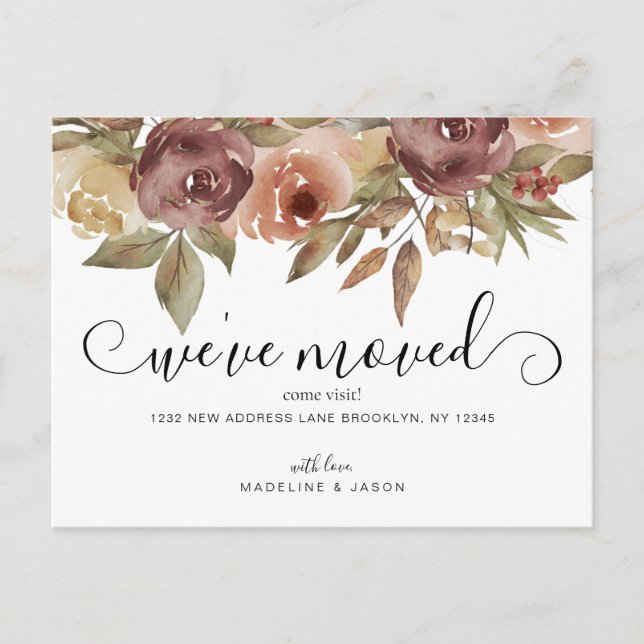 Rustikale Watercolor Floral Fall Script Moving Ankündigungspostkarte (Vorderseite)