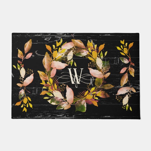 Rustikale Watercolor Herbstkleid Schwarz Fußmatte (Vorderseite)