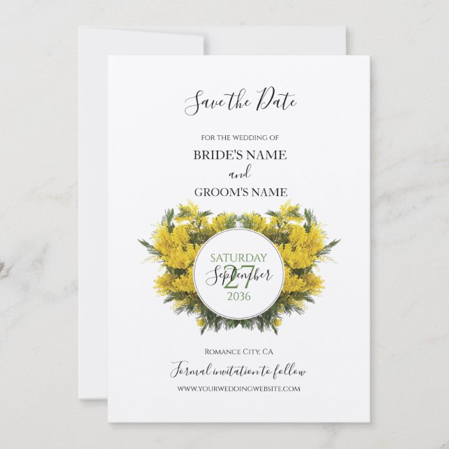 Rustikale Wattle Acacia Wedding rettet das Datum Save The Date (Vorderseite)