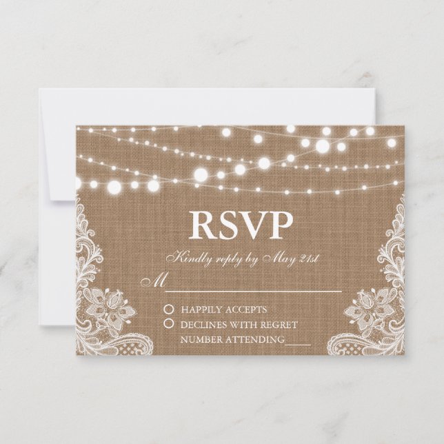 Rustikale Wedding Burlap String Lights Lace RSVP K Karte (Vorderseite)